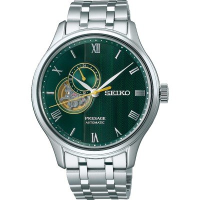 Montre automatique Seiko Presage avec cadran vert, boîtier en acier inoxydable et bracelet en métal.