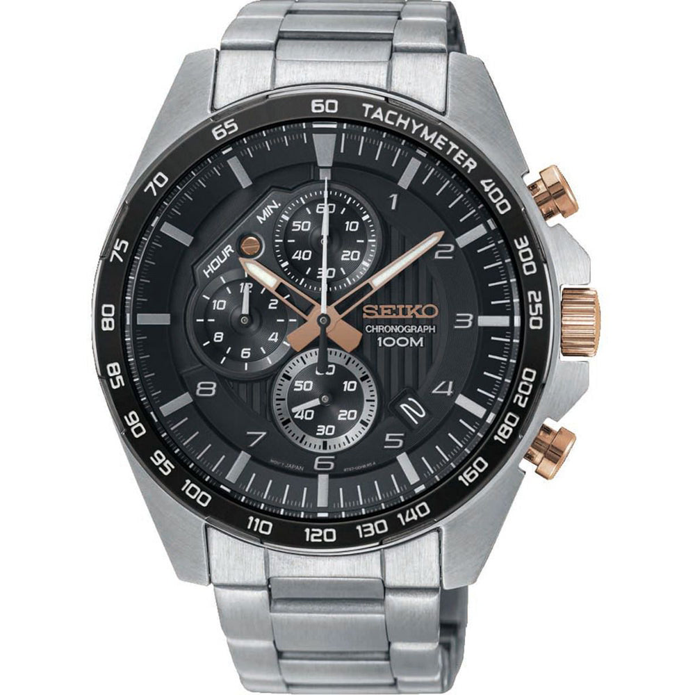 Montre pour homme Seiko avec boîtier en acier inoxydable, cadran noir et détails dorés.