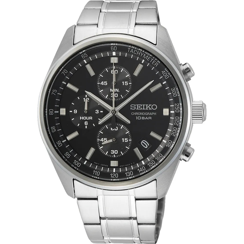 Montre pour homme Seiko avec boîtier argenté, cadran noir et bracelet en acier inoxydable.