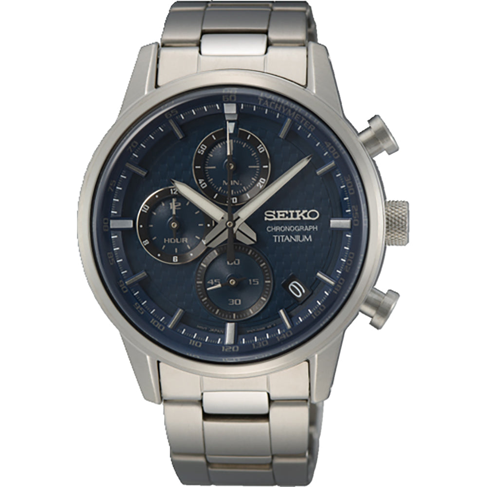 Montre pour homme Seiko en titane avec cadran bleu et chronographe.