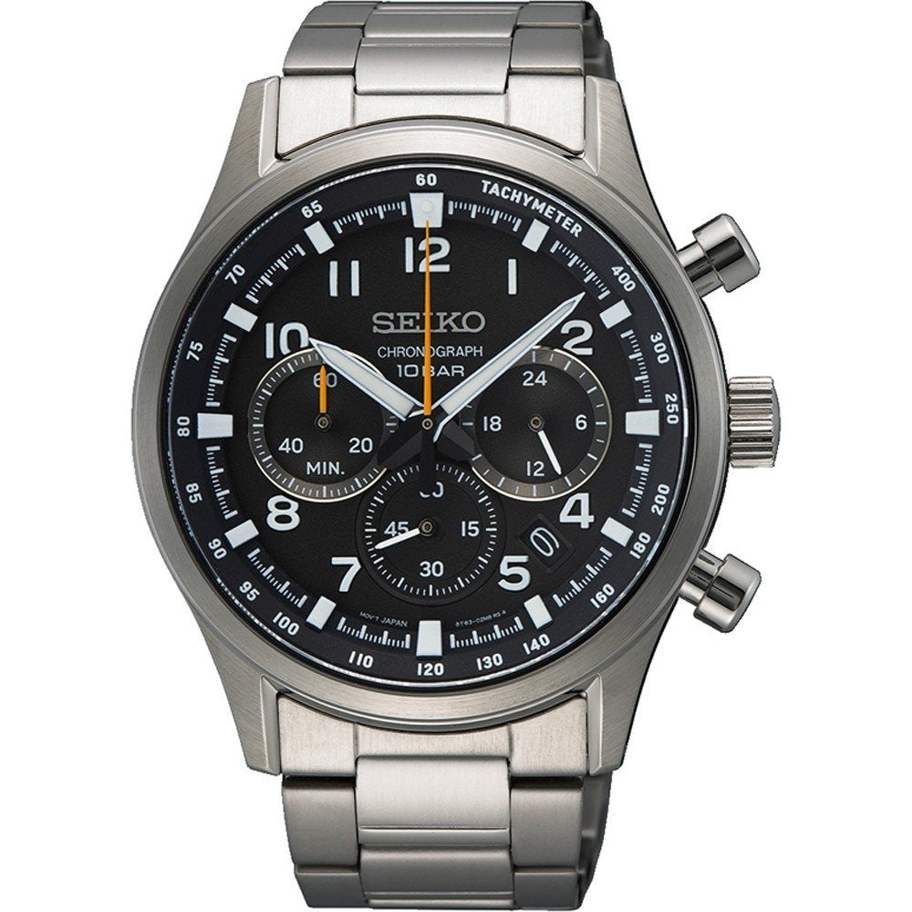 Montre pour homme Seiko avec un cadran noir, boîtier en acier inoxydable et bracelet en acier.