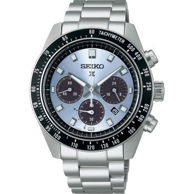 Montre pour homme Seiko Prospex avec boîtier en acier inoxydable, cadran argenté et chronographe.