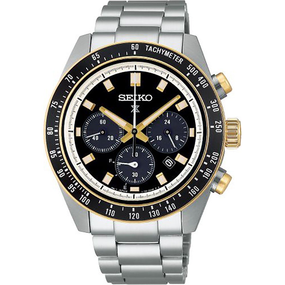 Montre homme Seiko Prospex avec boîtier argenté, cadran noir, et bracelet en acier inoxydable.