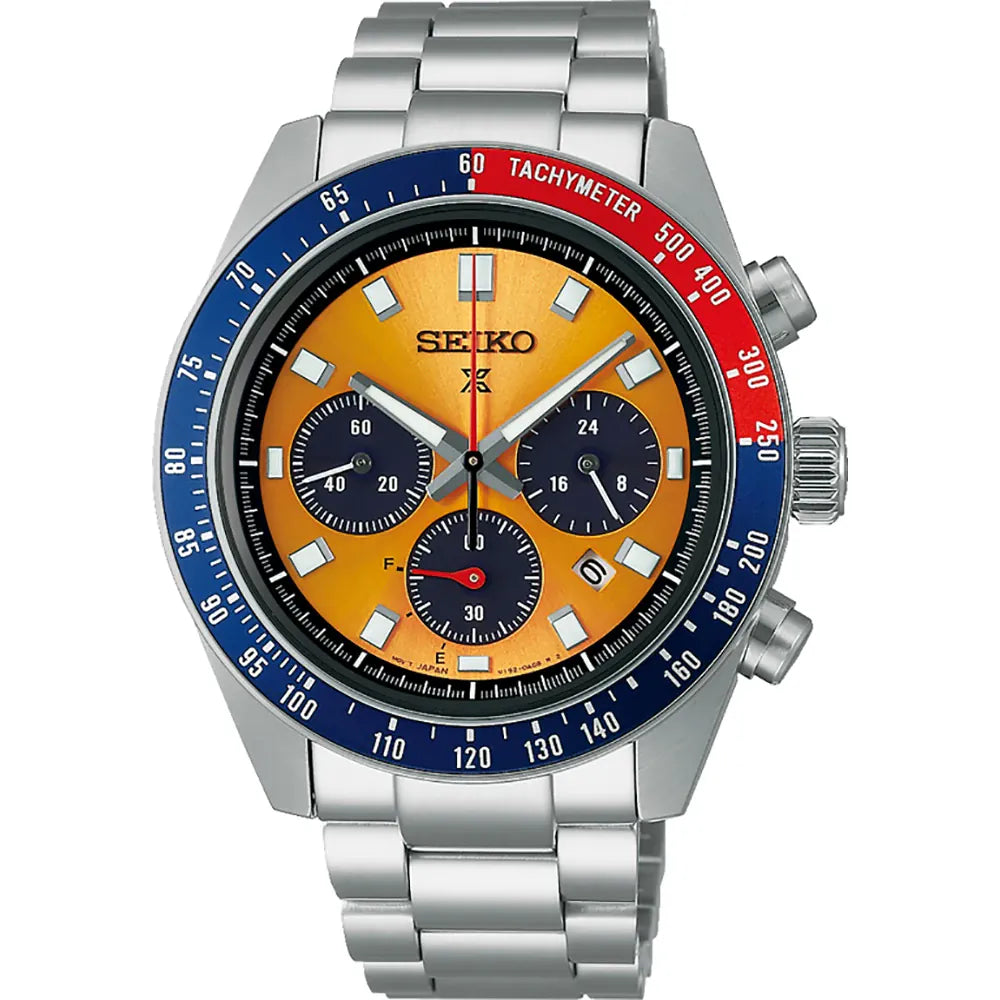 Montre pour homme Seiko Prospex avec un cadran orange, bracelet en acier inoxydable et lunette bleue.