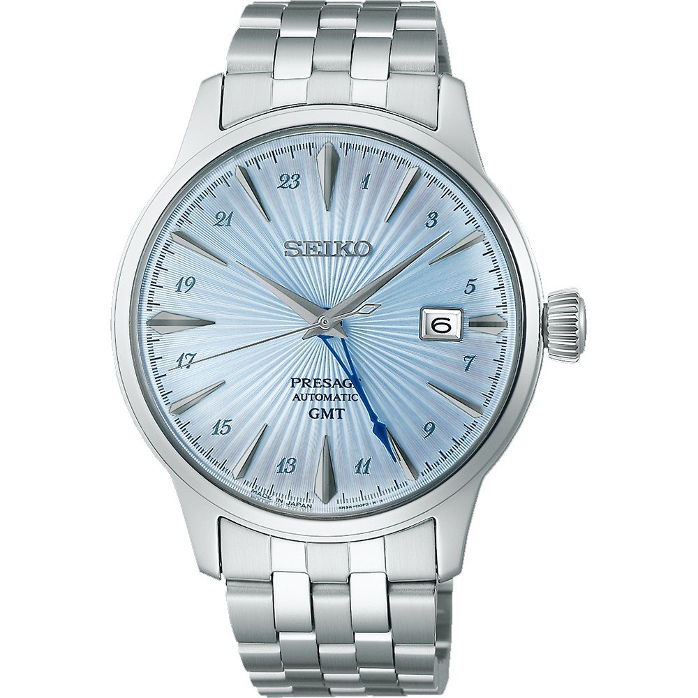 Montre pour homme Seiko Presage avec cadran bleu clair, boîtier en acier inoxydable et bracelet en métal.