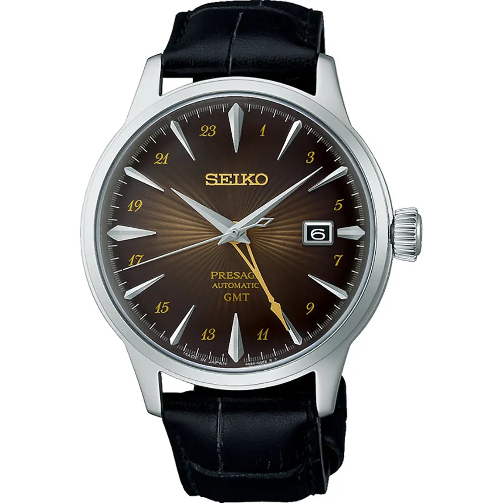 Montre pour homme Seiko Presage avec cadran brun, boîtier en acier inoxydable et bracelet en cuir noir.
