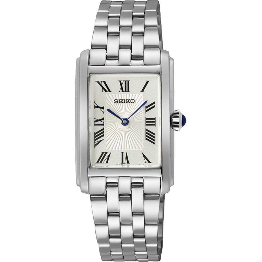 Montre pour dames Seiko avec boîtier rectangulaire en acier inoxydable et bracelet en maillons, cadran crème avec chiffres romains.