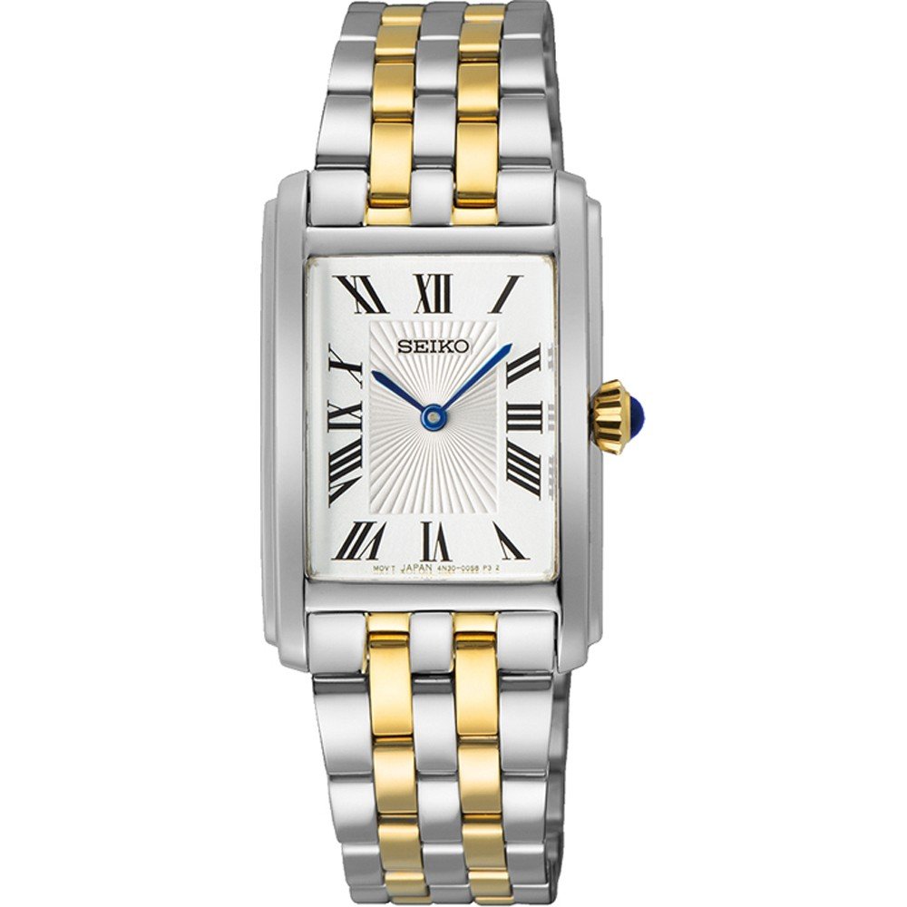 Montre pour femme Seiko avec boîtier rectangulaire, bracelet en acier inoxydable argenté et doré, cadran blanc avec chiffres romains.