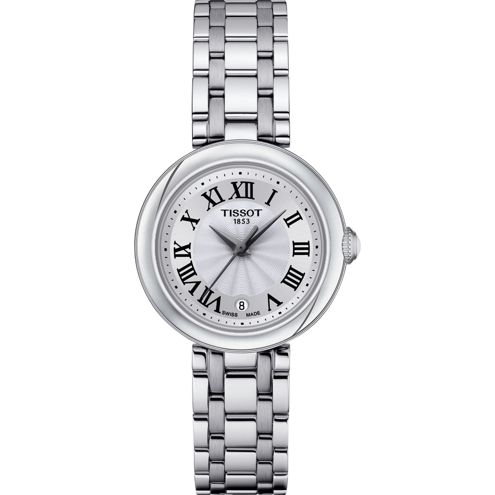 Montre Tissot Bellissima pour femme, boîtier argenté, cadran argenté avec chiffres romains, bracelet en acier inoxydable.