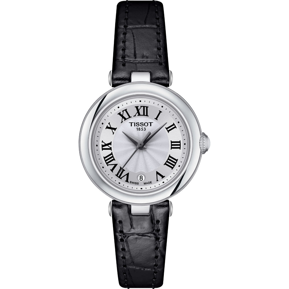 Montre Tissot Bellissima Small pour femme avec cadran argenté, boîtier en acier inoxydable et bracelet en cuir noir.