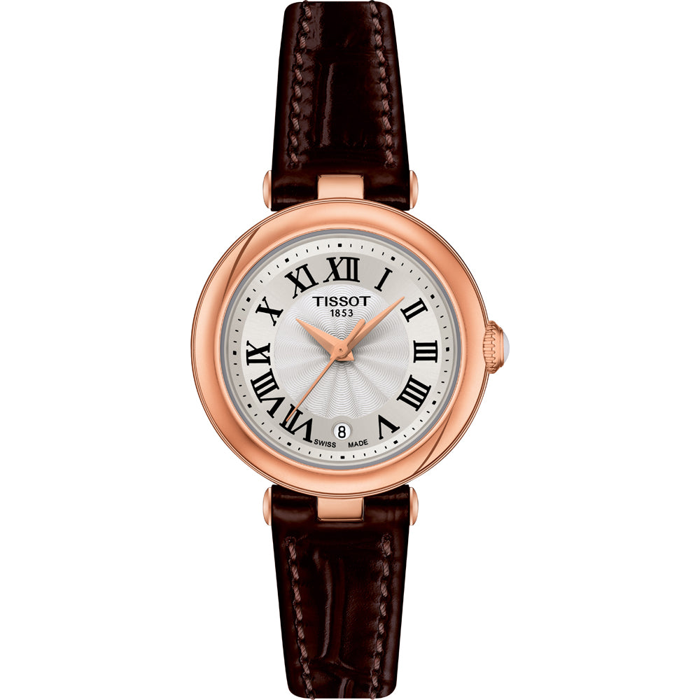 Montre Tissot Bellissima pour femme, boîtier rose, cadran argenté avec chiffres romains, bracelet en cuir marron.