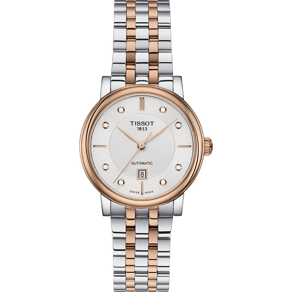 Montre automatique pour femme avec boîtier en acier inoxydable et or rose, cadran argenté et bracelet bicolore.