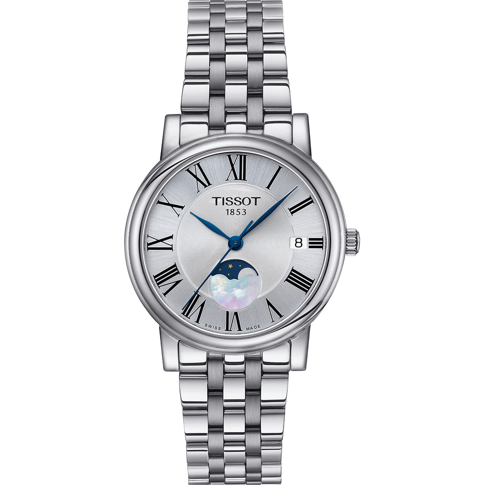 Montre Tissot en acier inoxydable avec cadran argenté, index romains et phase de lune.