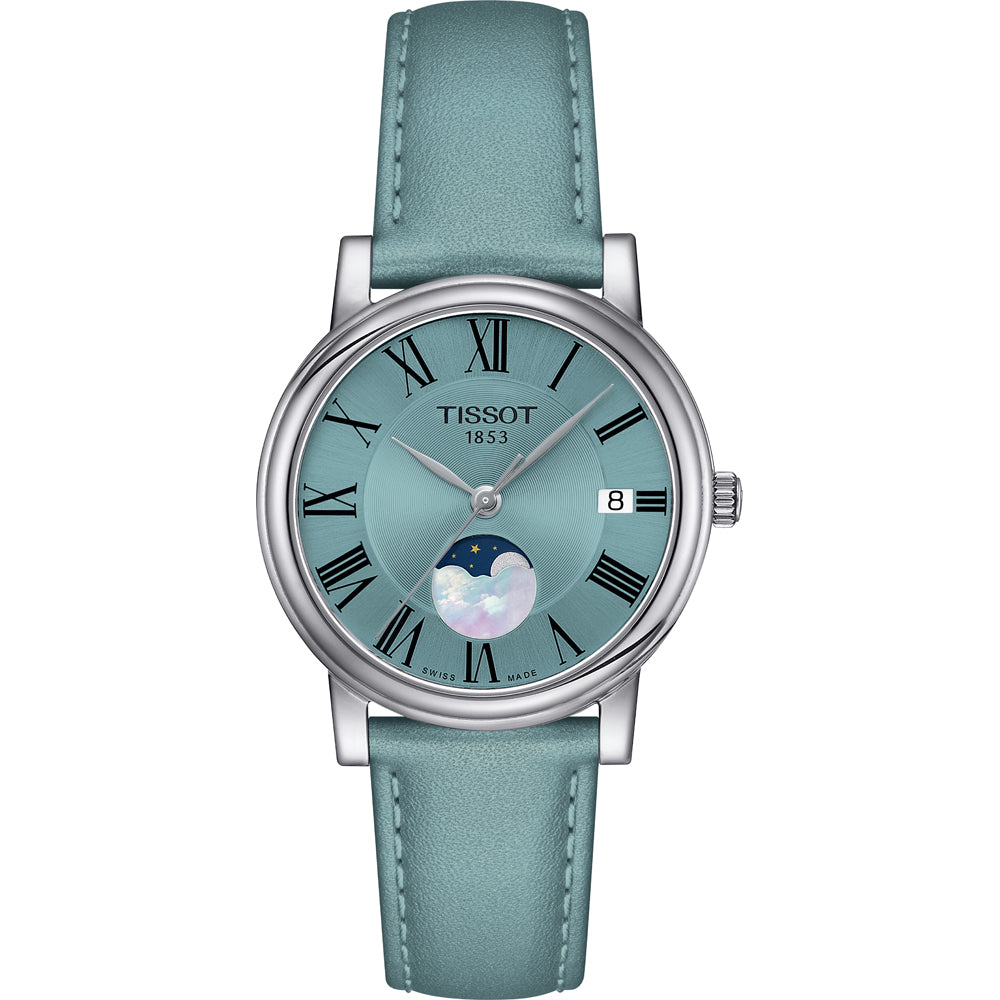 Montre Tissot avec cadran bleu-vert, boîtier argenté, bracelet en cuir et phase de lune.