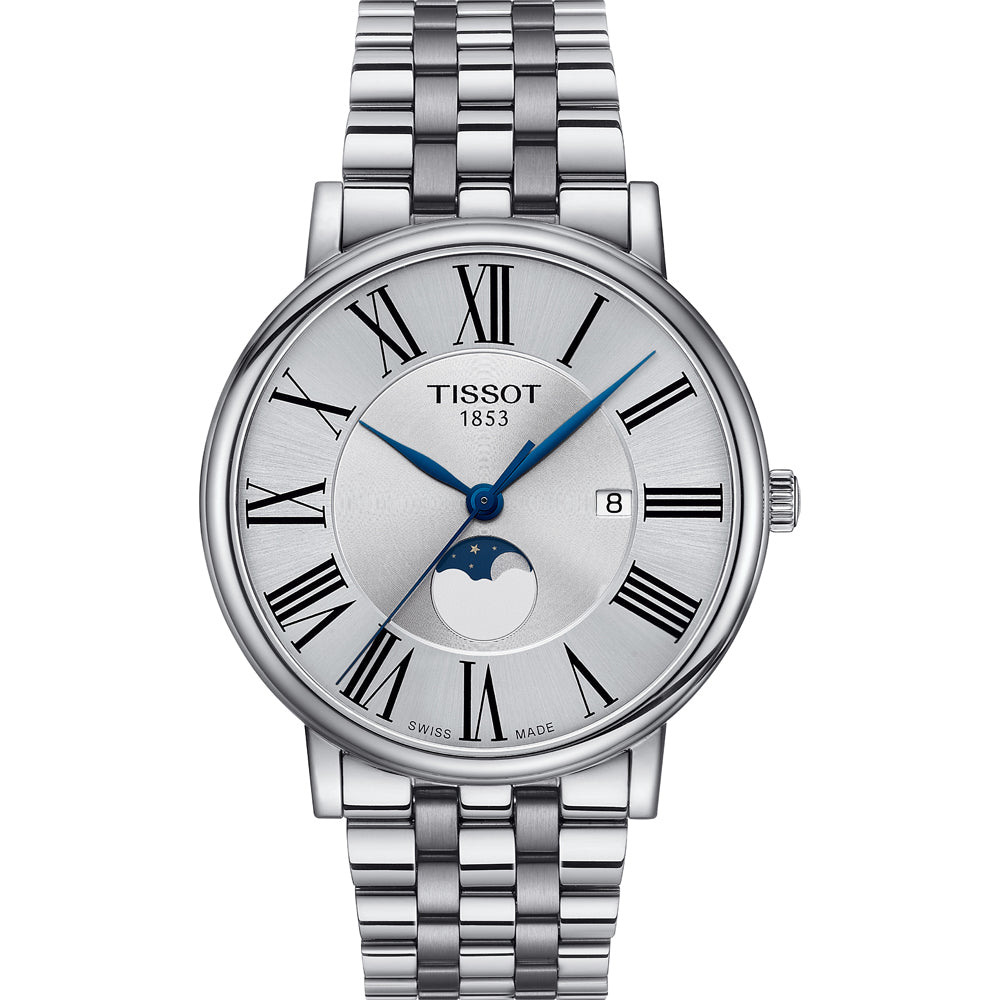 Montre Tissot en acier inoxydable avec cadran argenté, chiffres romains et phase de lune.