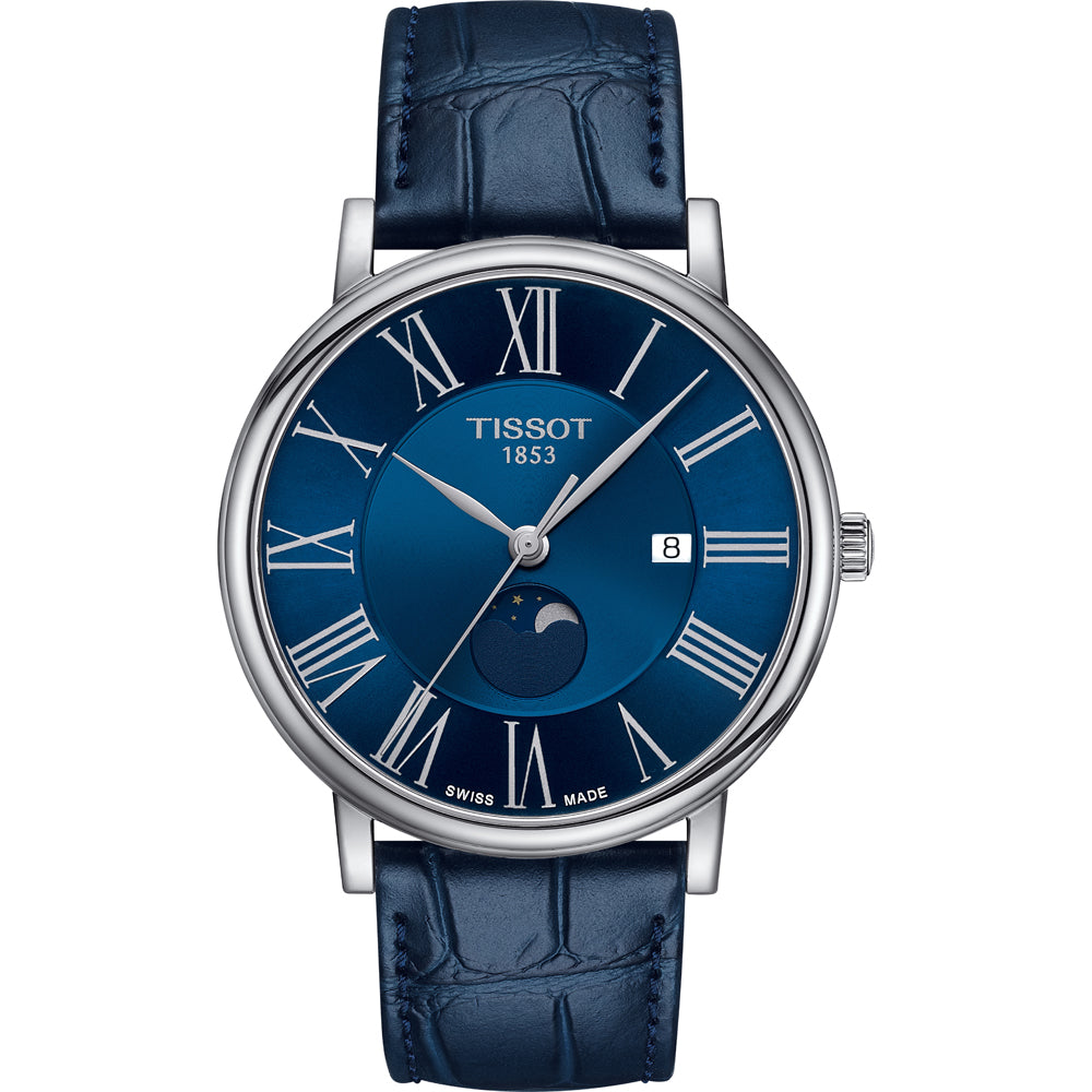 Montre Tissot avec cadran bleu, chiffres romains, et bracelet en cuir bleu.
