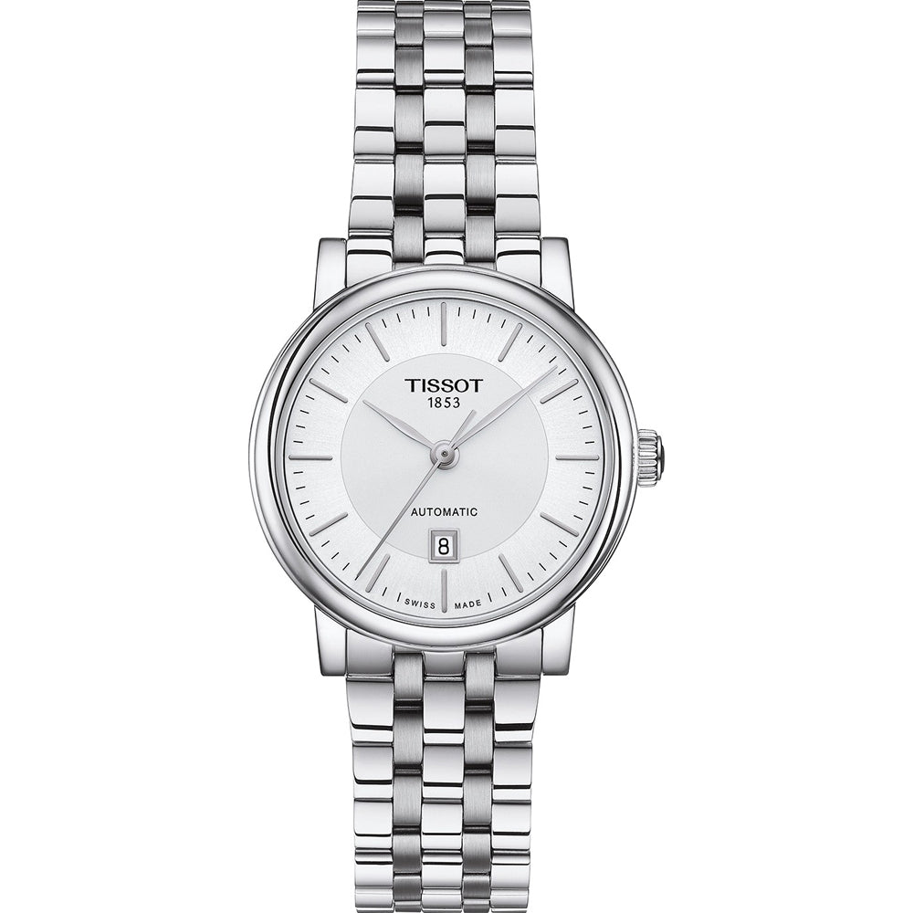 Montre automatique pour femme Tissot avec boîtier argenté, cadran blanc et bracelet en acier inoxydable.
