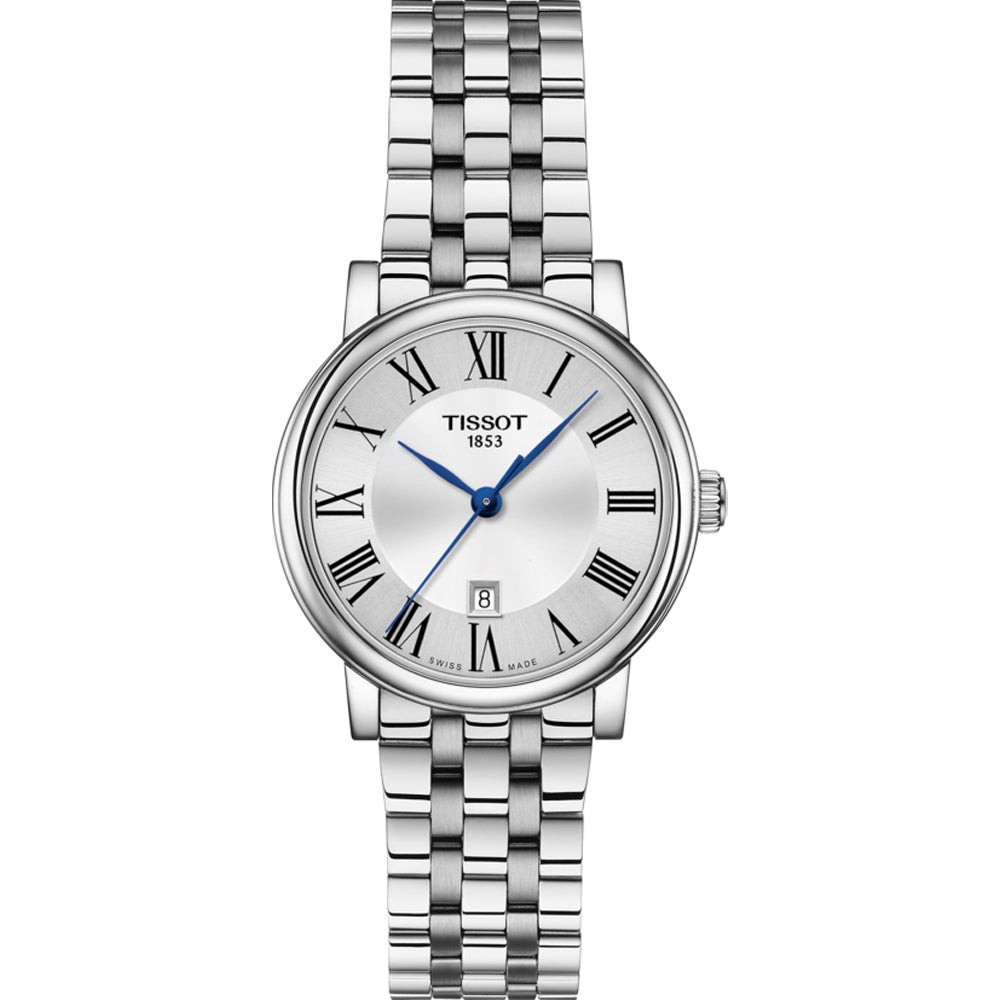Montre Tissot en acier inoxydable avec cadran argenté, chiffres romains et bracelet à maillons.