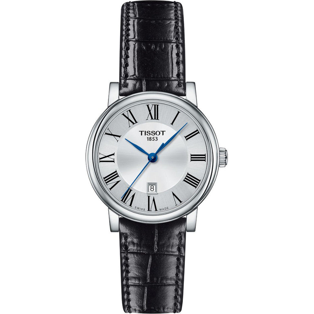 Montre Tissot avec cadran argenté, chiffres romains, boîtier en acier et bracelet en cuir noir.