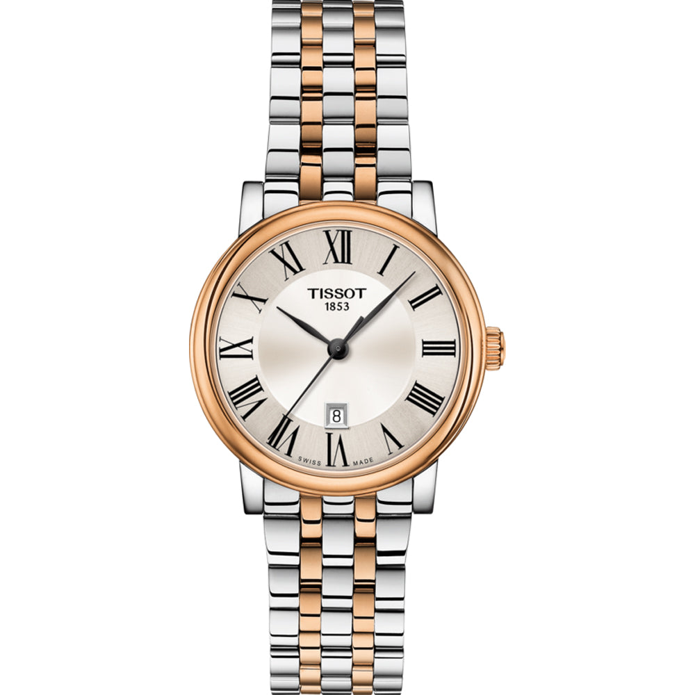 Montre Tissot avec un boîtier en acier inoxydable et or rose, cadran argenté et bracelet à maillons.
