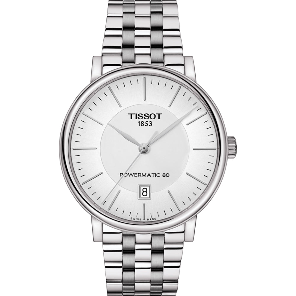Montre Tissot Carson Premium avec un cadran blanc, boîtier en acier inoxydable et bracelet en acier.