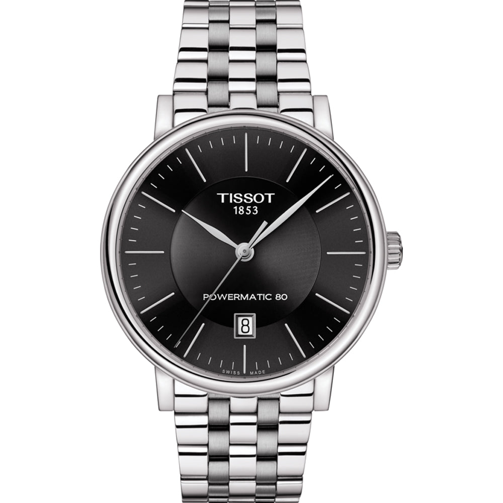 Montre Tissot avec cadran noir, boîtier en acier inoxydable et bracelet en acier, affichage de la date.
