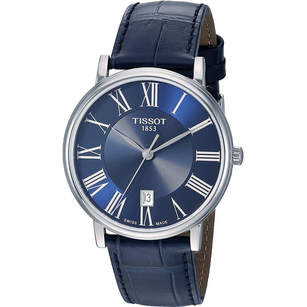 Montre Tissot Carson Premium avec cadran bleu, chiffres romains argentés et bracelet en cuir bleu.