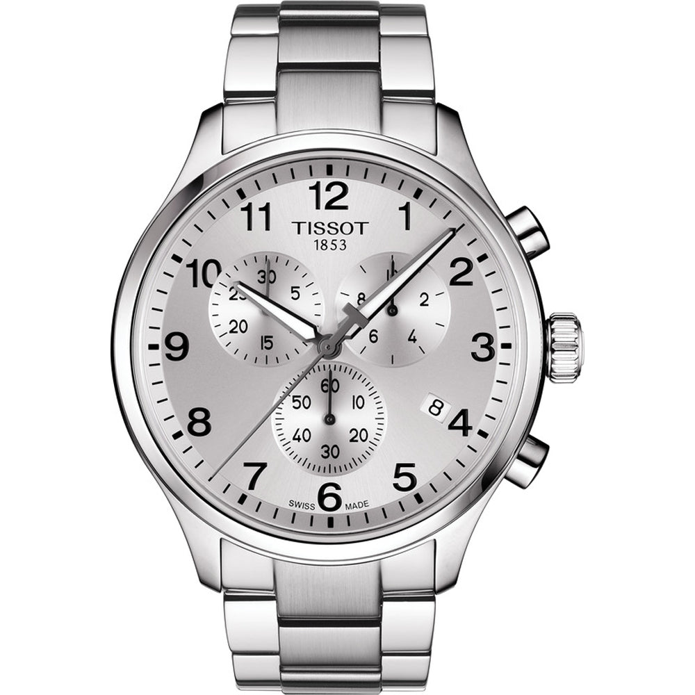 Montre Tissot Chrono XL Classic en acier inoxydable avec cadran argenté et chronographe.