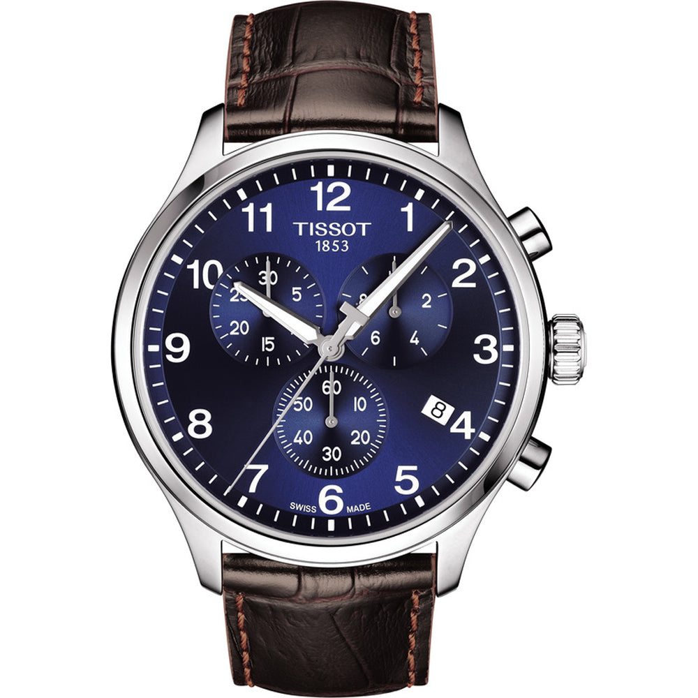 Montre Tissot Chrono XL Classic avec cadran bleu, boîtier en acier inoxydable et bracelet en cuir marron.
