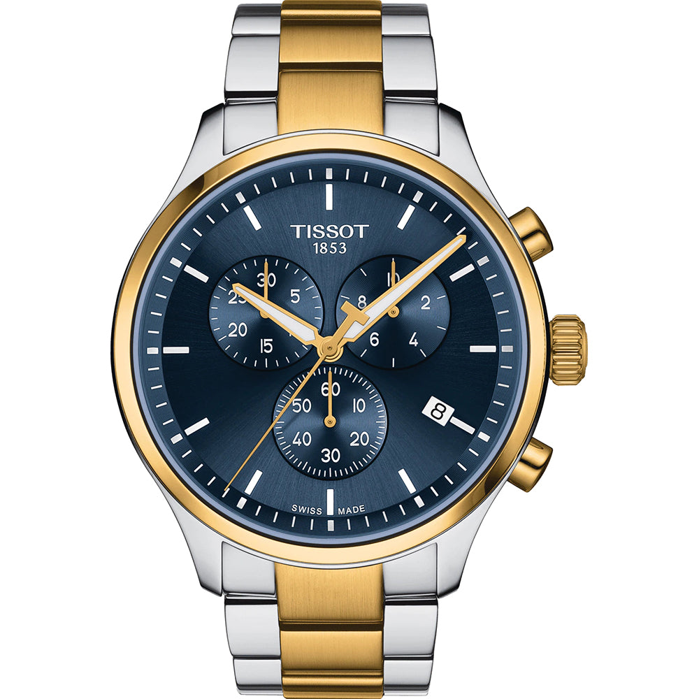 Montre Tissot Chrono XL Classic avec boîtier en acier inoxydable argenté et doré, cadran bleu, et bracelet en acier.