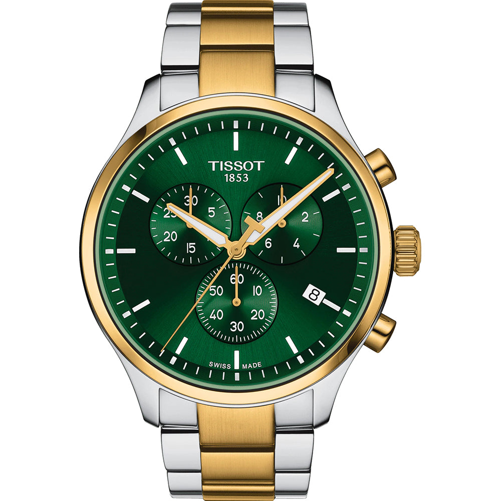 Montre Tissot avec boîtier argenté et doré, cadran vert, chronographe et bracelet en acier.