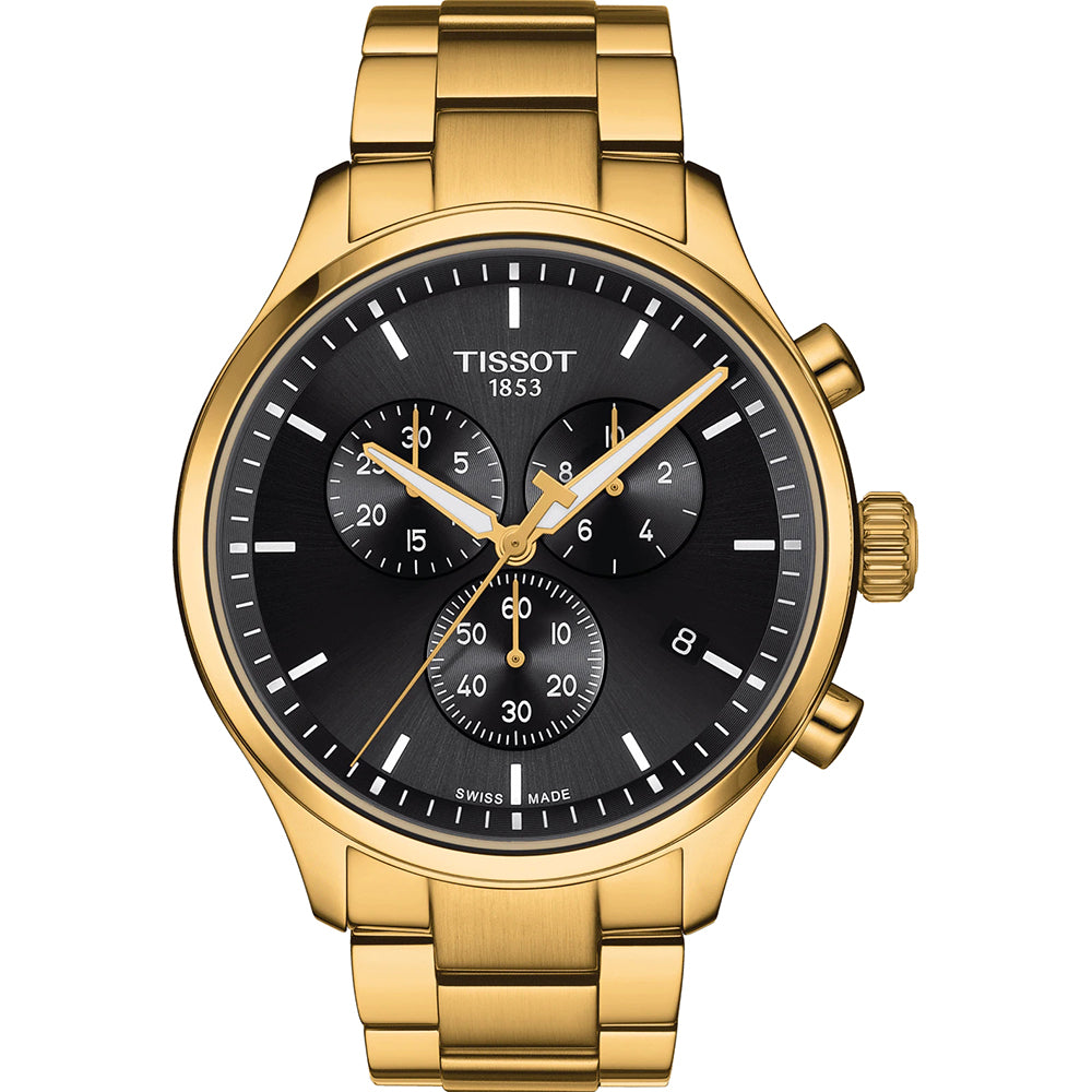 Montre Tissot Chrono XL Classic avec boîtier doré, cadran noir et bracelet en acier.