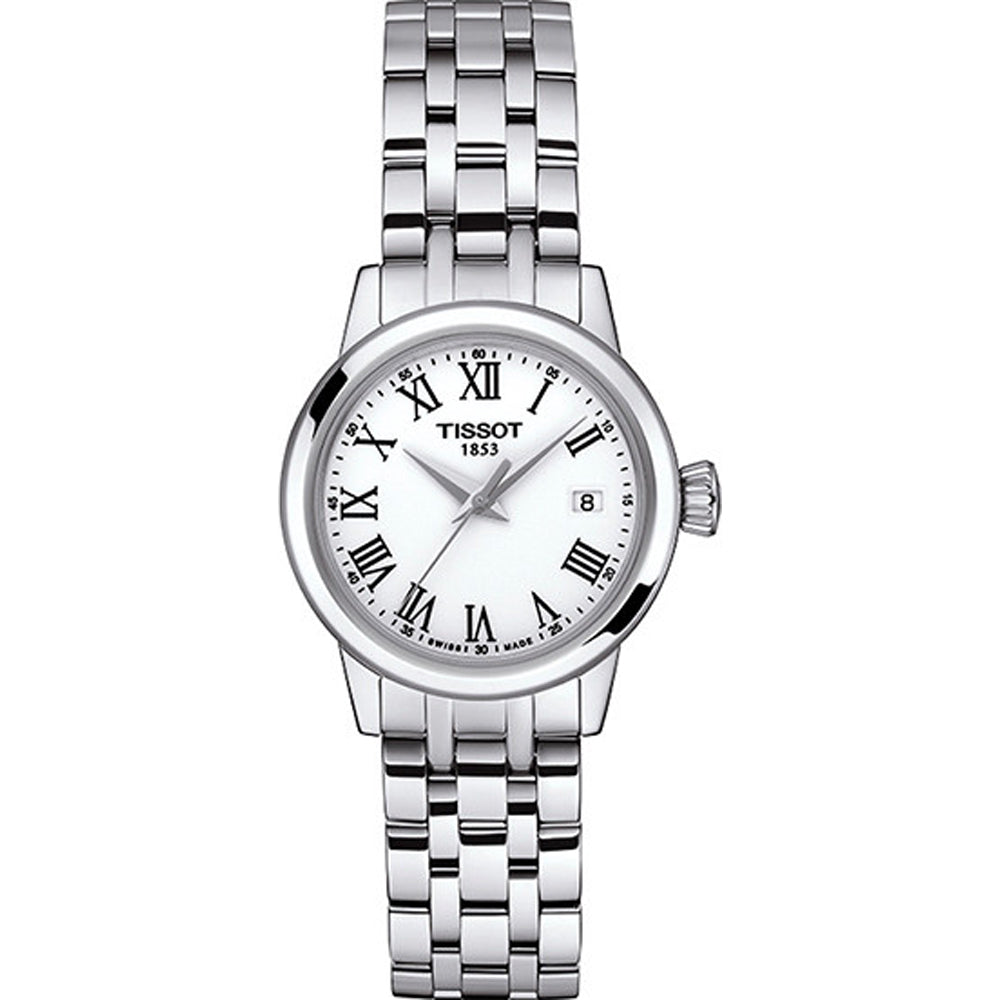 Montre Tissot Classic Dream Lady en acier inoxydable avec cadran blanc et chiffres romains.