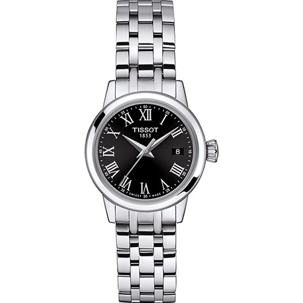 Montre Tissot en acier inoxydable avec cadran noir et chiffres romains.
