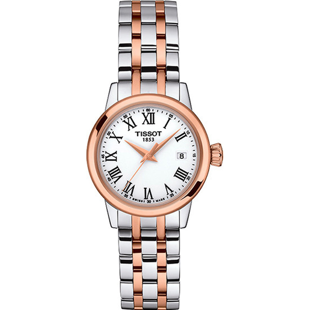 Montre Tissot Classic Dream Lady avec un boîtier argenté et rose, cadran blanc et bracelet en acier inoxydable.