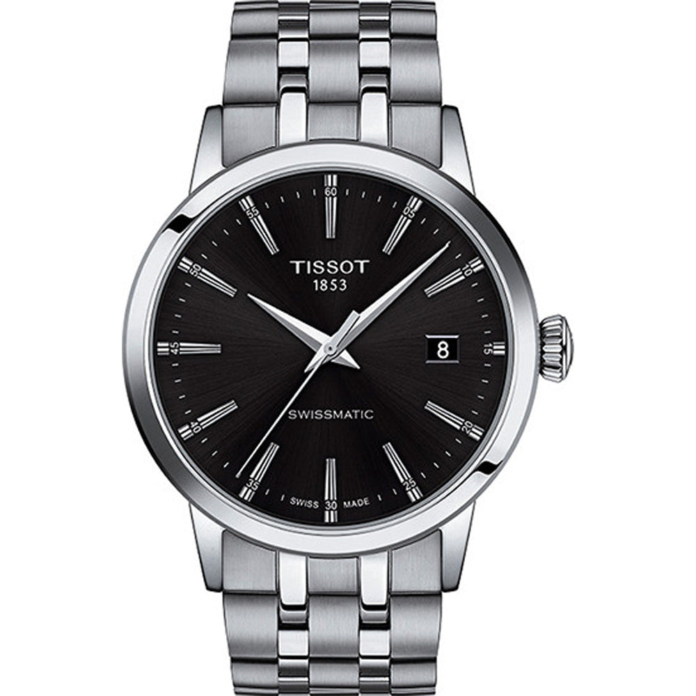 Montre Tissot Classic Dream Swissmatic avec un cadran noir et un boîtier en acier inoxydable.