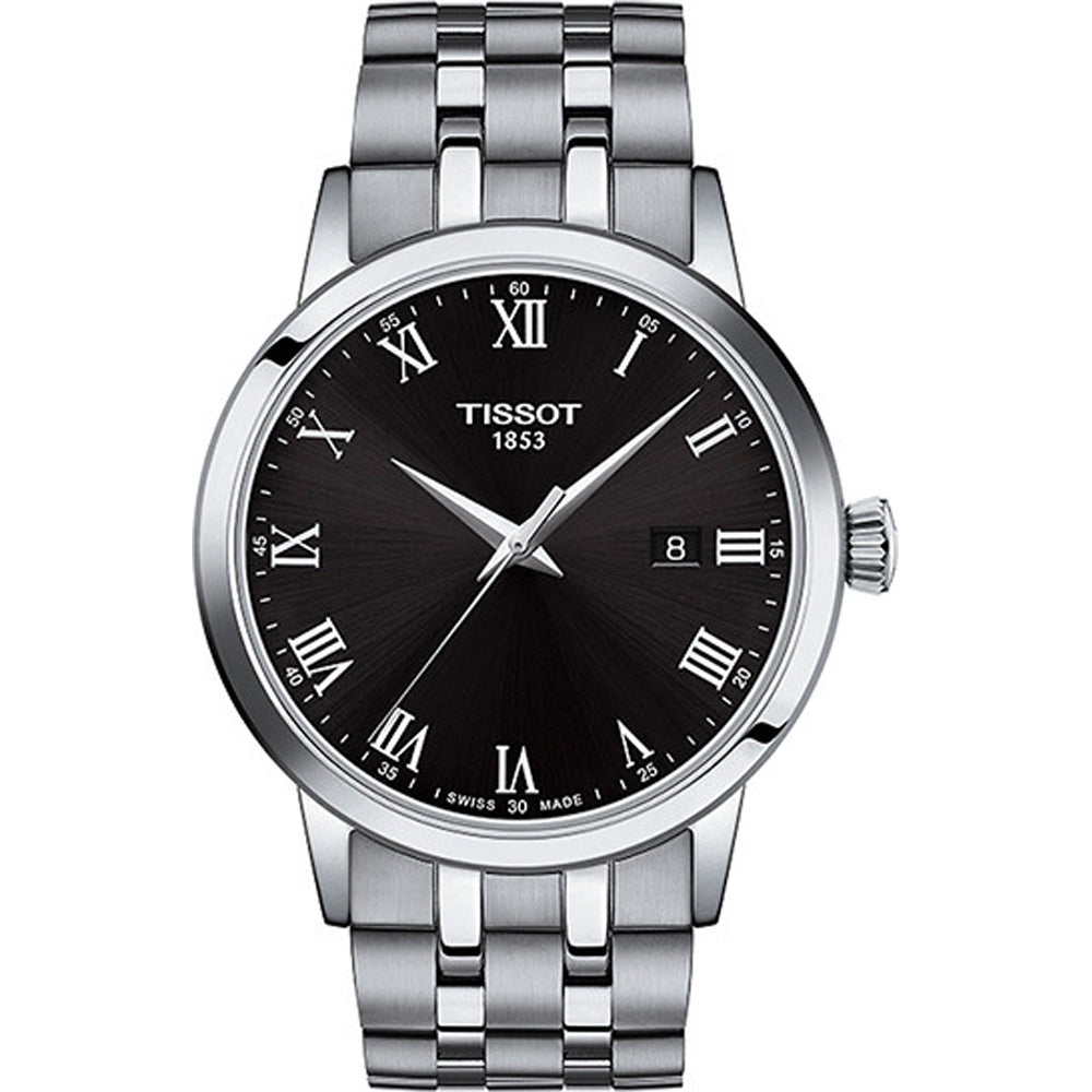 Montre Tissot en acier inoxydable avec cadran noir, chiffres romains et bracelet à maillons.