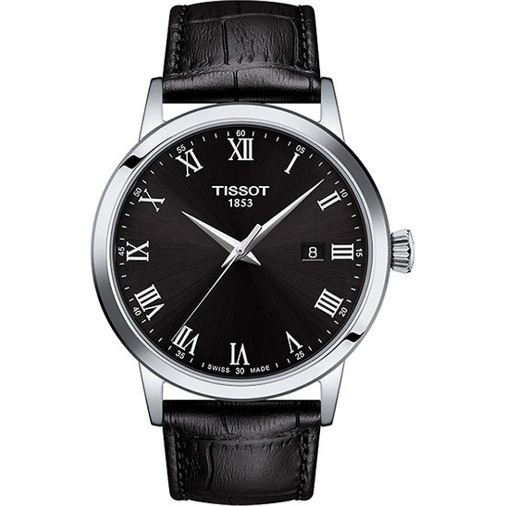Montre Tissot Classic Dream avec un cadran noir, boîtier en acier inoxydable et bracelet en cuir noir.
