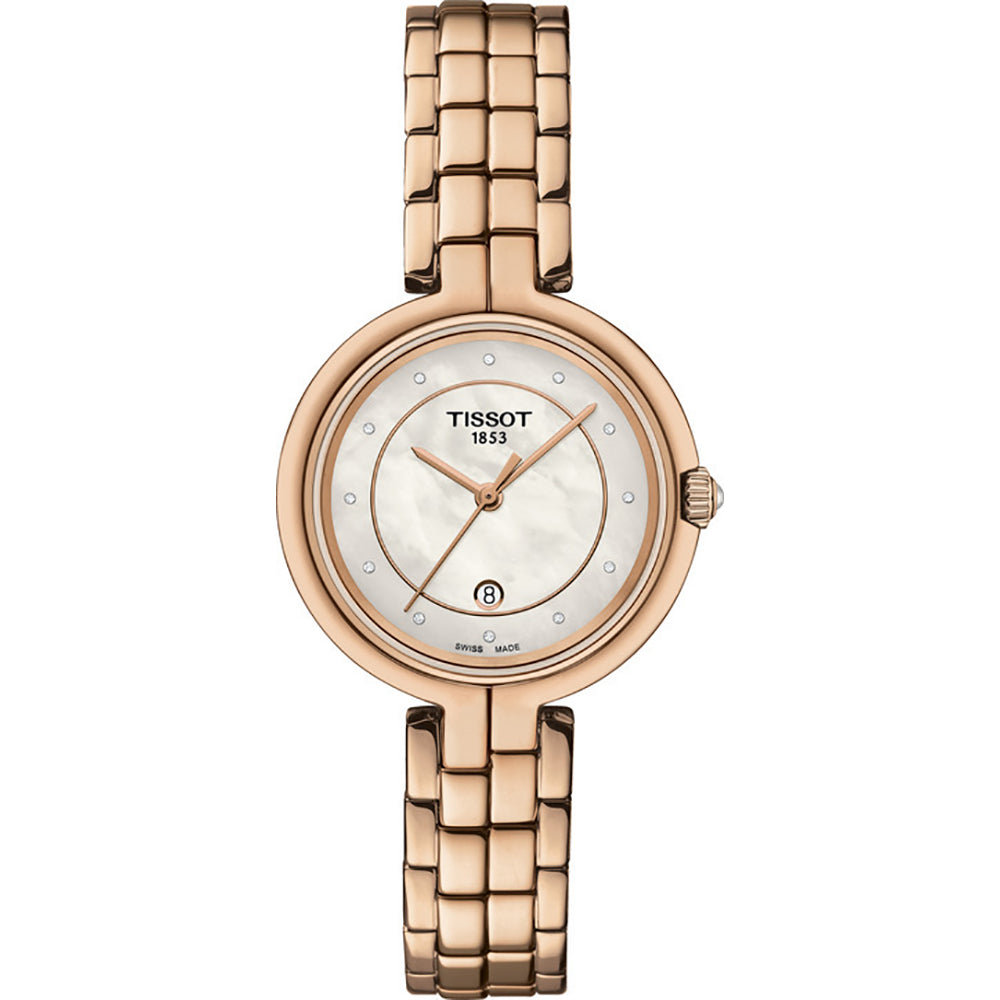Montre Tissot Flamingo avec un boîtier en acier inoxydable rose, cadran nacré et bracelet à maillons.