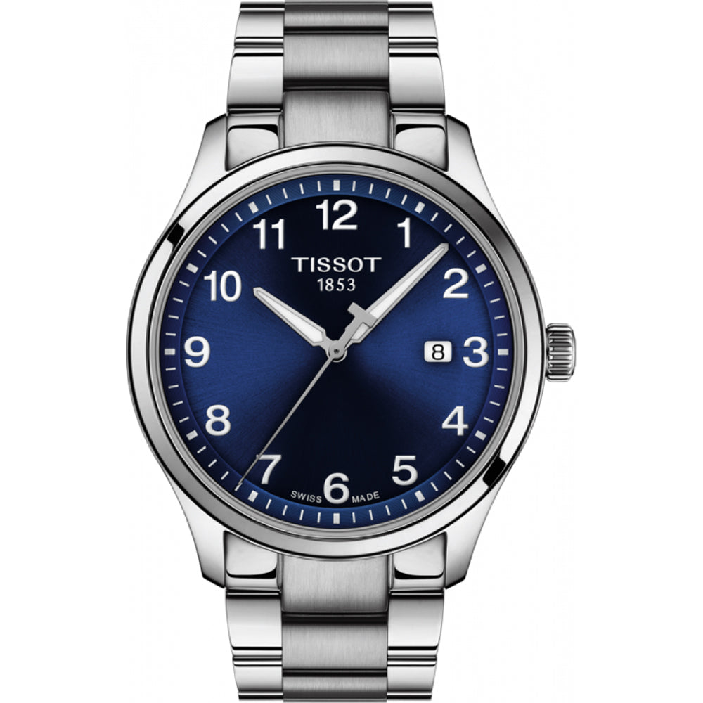 Montre Tissot avec un cadran bleu, boîtier en acier inoxydable et bracelet en acier.