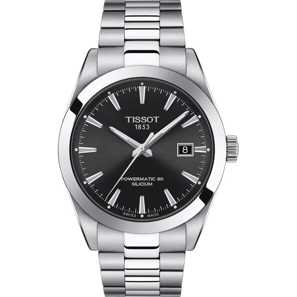 Montre Tissot avec boîtier en acier inoxydable, cadran noir et bracelet en acier.