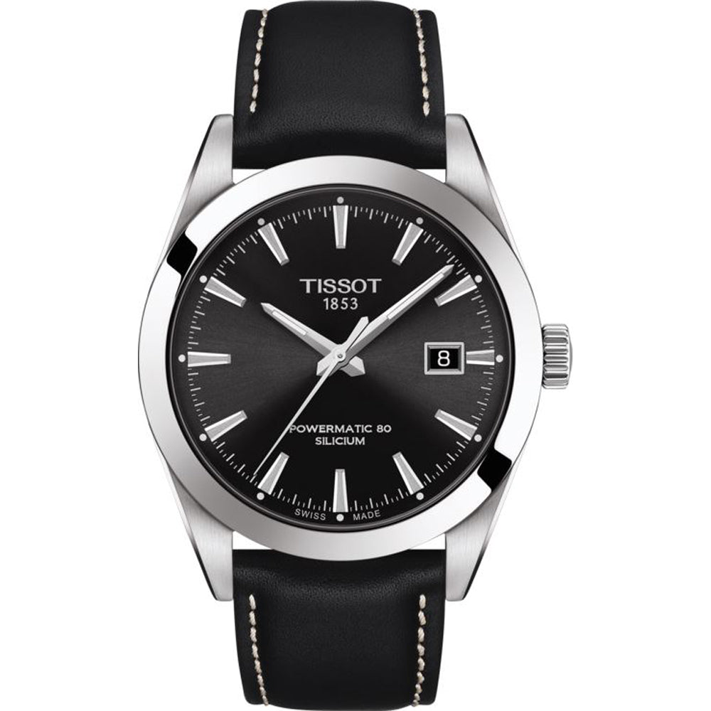 Montre Tissot avec boîtier en acier inoxydable, cadran noir, bracelet en cuir noir et affichage de la date.
