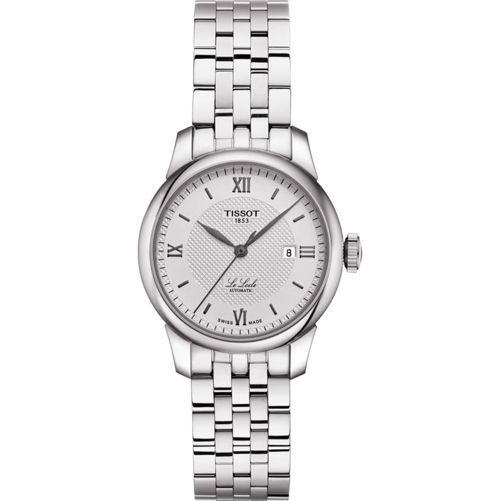 Montre Tissot Le Locle automatique pour femme avec bracelet en acier inoxydable, cadran argenté et chiffres romains.