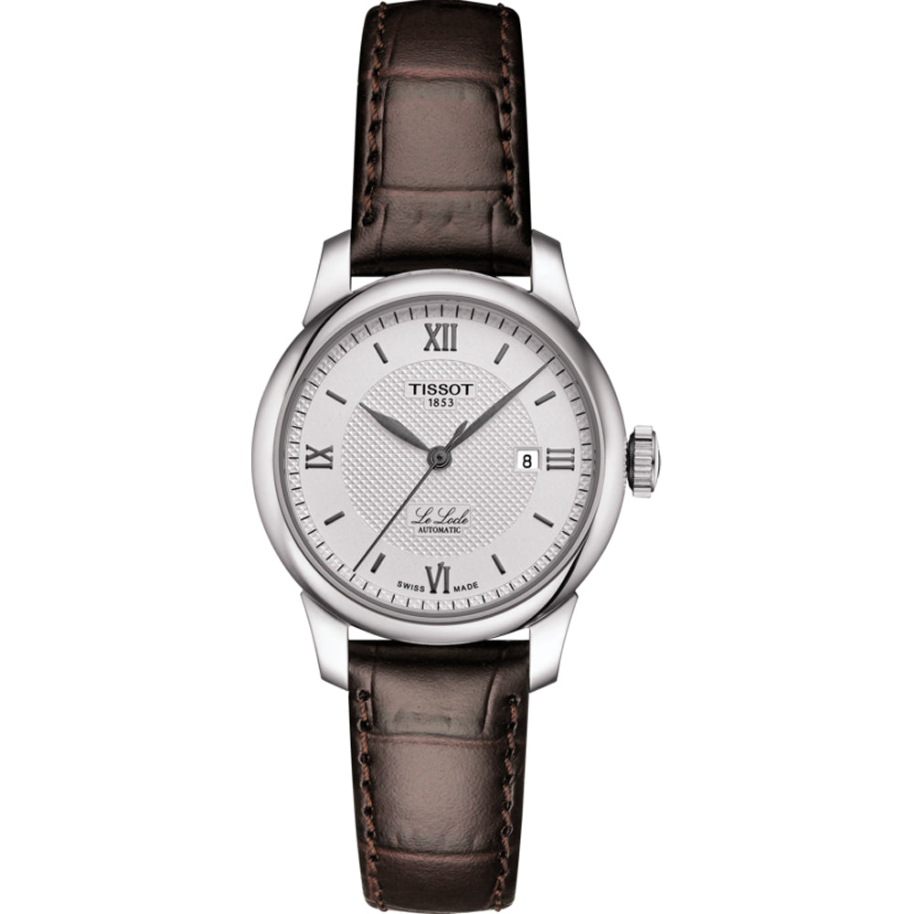 Montre Tissot Le Locle automatique pour femme avec boîtier en acier inoxydable, cadran argenté et bracelet en cuir marron.