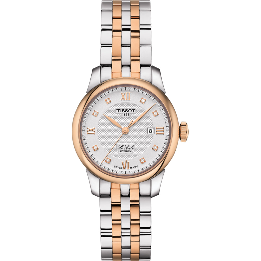 Montre automatique Tissot Le Locle pour femme, boîtier en acier inoxydable avec finition dorée rose, cadran argenté avec chiffres romains et bracelet bicolore.
