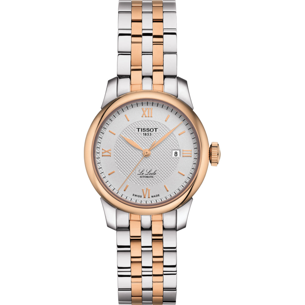 Montre automatique Tissot Le Locle pour femme, boîtier argenté avec détails dorés, cadran argenté et bracelet en acier.