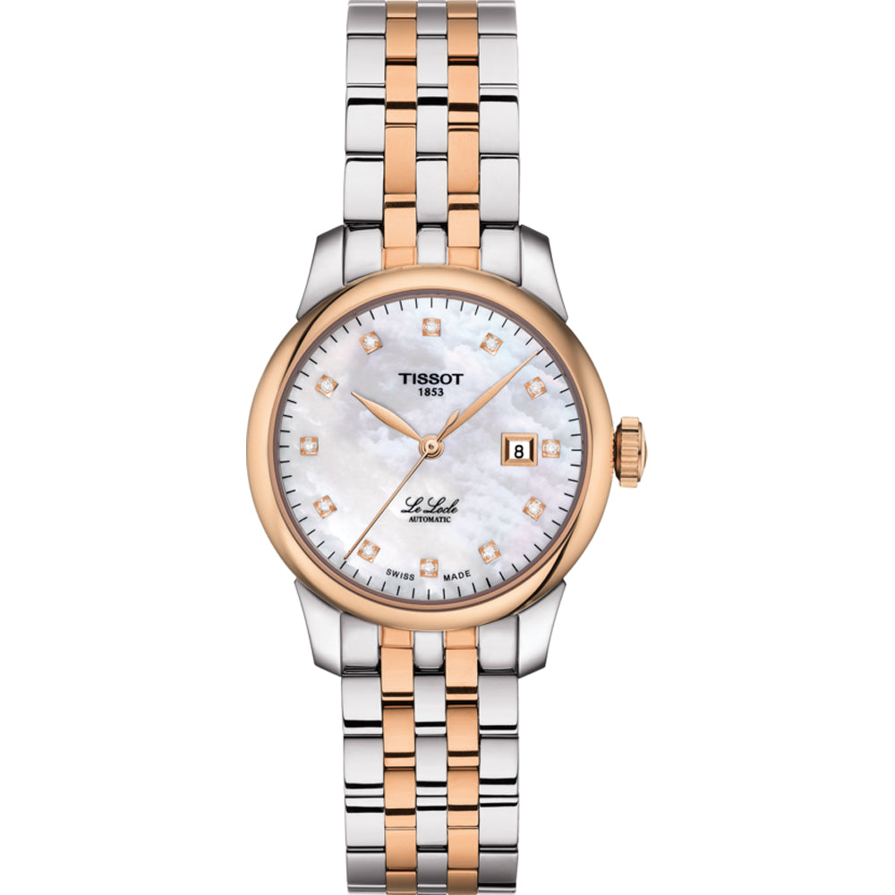 Montre automatique pour femme Tissot Le Locle avec boîtier en acier inoxydable et or rose, cadran nacré et bracelet bicolore.