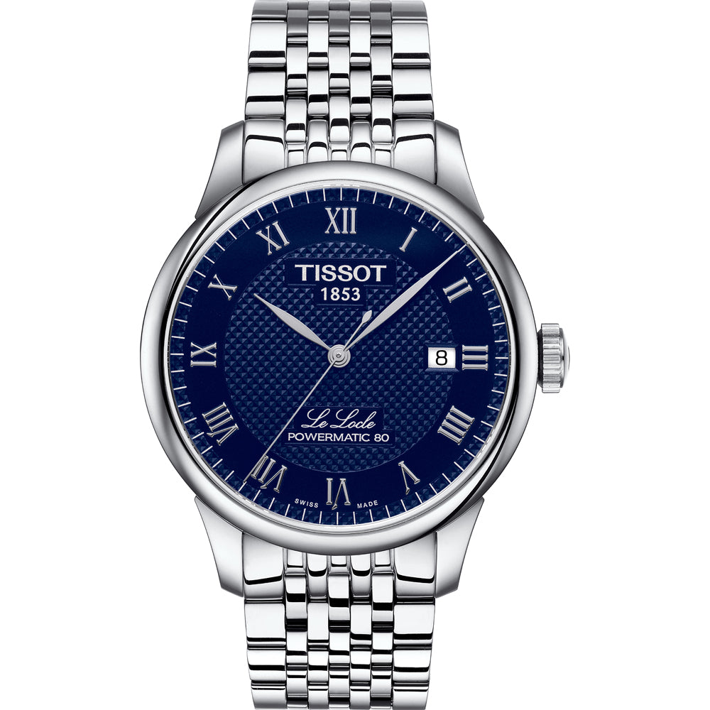 Montre Tissot Le Locle avec cadran bleu, boîtier en acier inoxydable et bracelet en acier tressé.