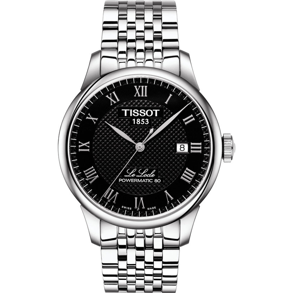 Montre Tissot Le Locle avec cadran noir, boîtier en acier inoxydable et bracelet en acier tressé.