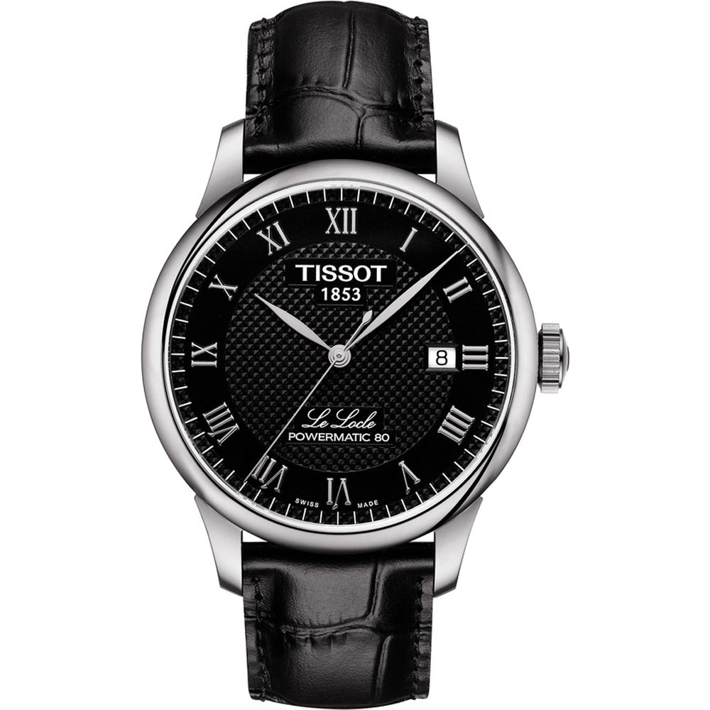 Montre Tissot Le Locle avec cadran noir, boîtier en acier inoxydable et bracelet en cuir noir.